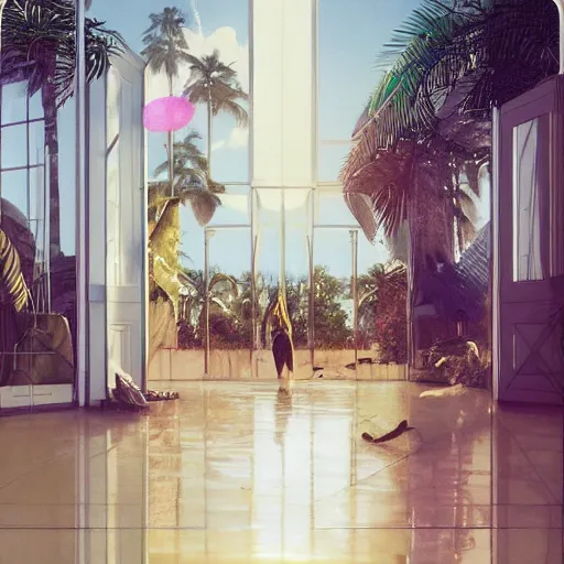 Prompt: indoor liminal space, golden light, greg rutkowski, palm trees, pink door, minimalistic, hyperrealistic surrealism, award winning masterpiece with incredible details, epic stunning, infinity pool mirrors, a surreal vaporwave liminal space with mirrors, highly detailed, trending on artstation, artgerm and greg rutkowski and alphonse mucha, daily deviation