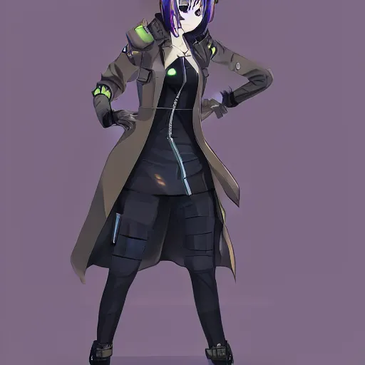 Prompt: a female anime cyberpunk dream police detective wearing a heavy trench coat, character concept explorations, concept art, clear outfit design, techwear, trending on artstation, clear shapes, clean edges, full body