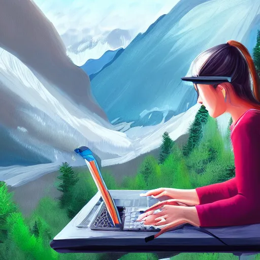 Prompt: female junior developer working outside in the mountains, alps, 4k, digital art, highly detailed, digital painting, artstation