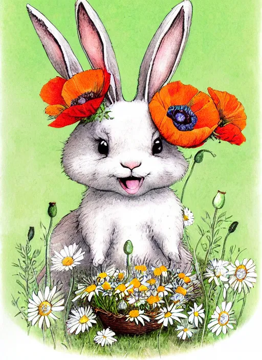Image similar to a storybook illustration painting of a smiling happy cute rabbit wearing a flower crown, daisies and poppies, by antoine de saint - exupery and annabel kidston and naomi okubo and jean - baptiste monge. a child storybook illustration, muted colors, soft colors, low saturation, fine lines, white paper