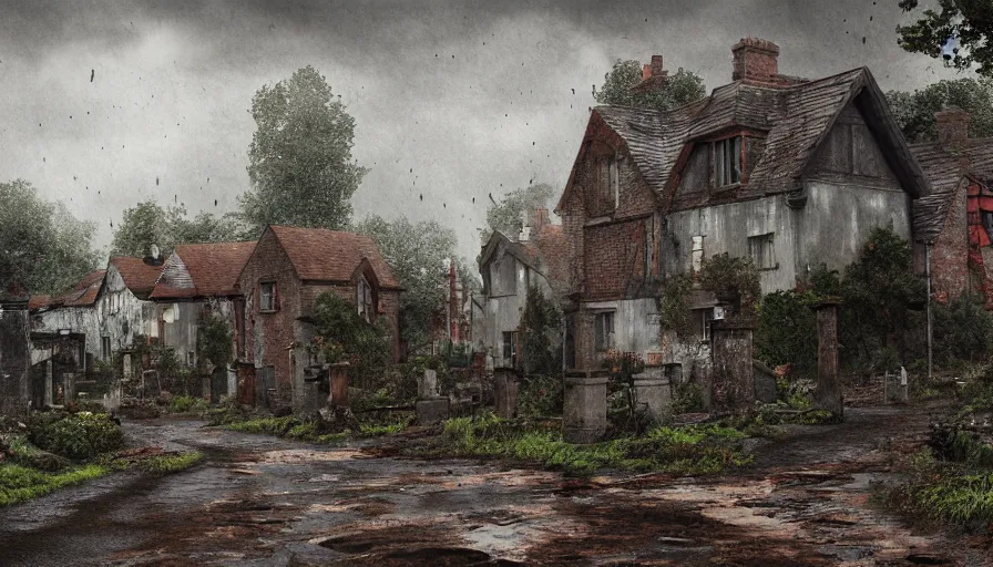 Image similar to Abandoned English village at rainy day, muddy road, old cemetery, sad feeling, grey sky, rusted damaged houses, hyperdetailed, artstation, cgsociety, 8k