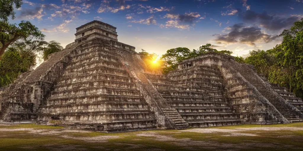 Image similar to a photo of an ancient maya temple, masterpiece, very detailed, 8k hdr, golden hour