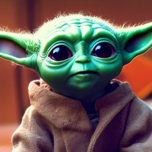 Image similar to a film still of baby yoda wearing 1 9 9 0 s hip hop clothing realistic, detailed