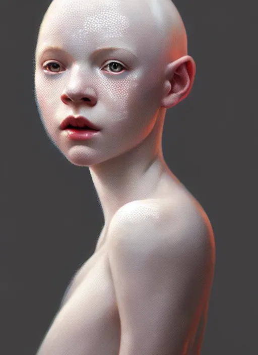 Image similar to portrait of an albino girl, freckles, no hair, serious, 1 9 5 0 s, intricate, elegant, glowing lights, highly detailed, digital painting, artstation, concept art, smooth, sharp focus, illustration, art by wlop, mars ravelo and greg rutkowski