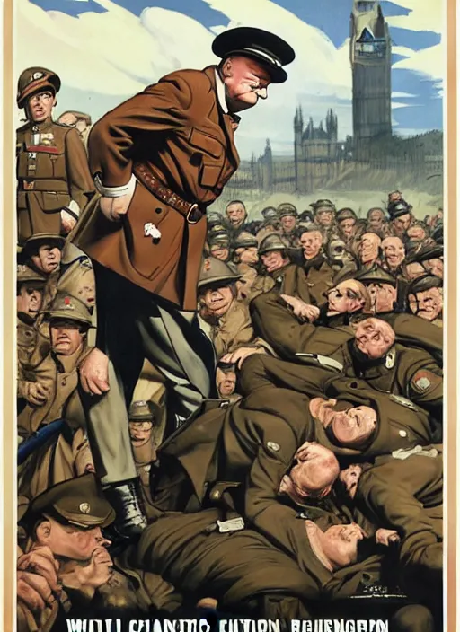 Image similar to winston churchill captain england standing on a pile of defeated, beaten and broken german soldiers. captain england wins wwii. brittish wwii propaganda poster by james gurney and pixar. overwatch.