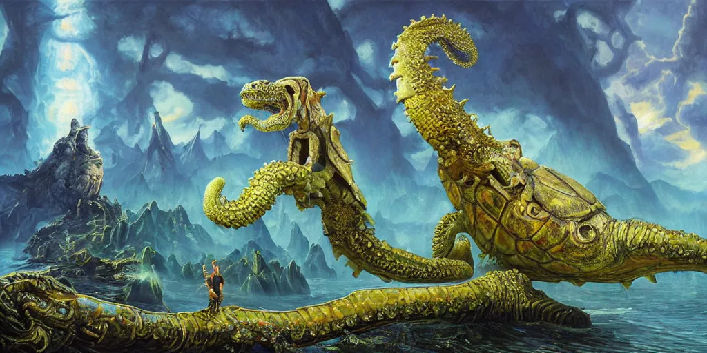 Image similar to fantasy oil painting, great leviathan, cybernetic turtle cephalopod terrapin reptilian pachyderm squid, bella hadid, hybrid, milla jovovich, anubis, epic natural light, lush plants flowers, spectacular mountains, bright clouds, luminous sky, outer worlds, golden hour, michael cheval, edward hopper, michael whelan, vray, hd