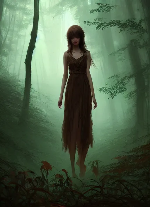 Image similar to a beautiful brown - haired young woman with a summer dress in horror forest, intricate, elegant, highly detailed, digital painting, artstation, concept art, smooth, sharp focus, illustration, ethereal, misty, by ilya kuvshinov and jeremy mann, 8 k, octane render