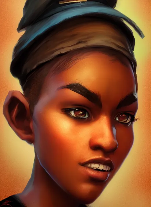 Image similar to An epic fantasy comic book style portrait painting of a young dark skinned girl with short hair wearing fantasy clothes dressed as a boy and wearing newsboy cap, unreal 5, DAZ, hyperrealistic, octane render, cosplay, RPG portrait, dynamic lighting