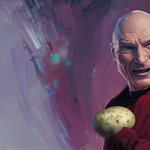 Prompt: captain picard screaming, sad, angry, holding a potato, wadim kashin, illustration by wadim kashin, 4 k, artstation, concept art