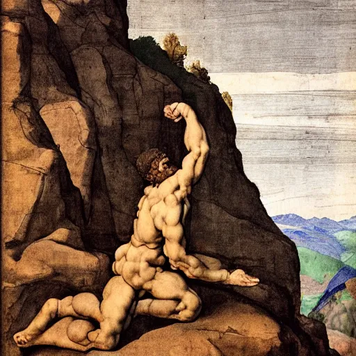 Image similar to a man looking in the distance from the top of a mountain, michelangelo, 1 4 5 0