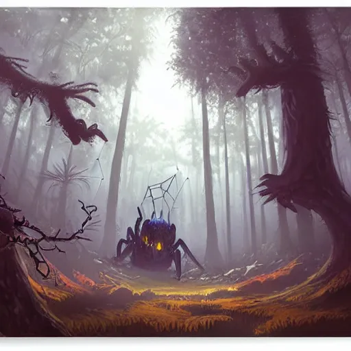 Prompt: giant spider monster in a dark forest, by andreas rocha