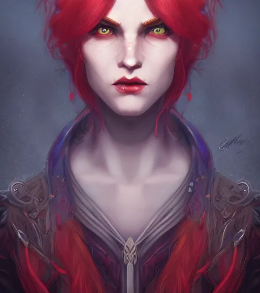 Image similar to A detailed matte head on symmetrical fanart portrait of a distinguished elven woman with red and blue hair by Charlie bowater and lise deharme wlop, trending on artstationhd, dungeons and dragons art critical role