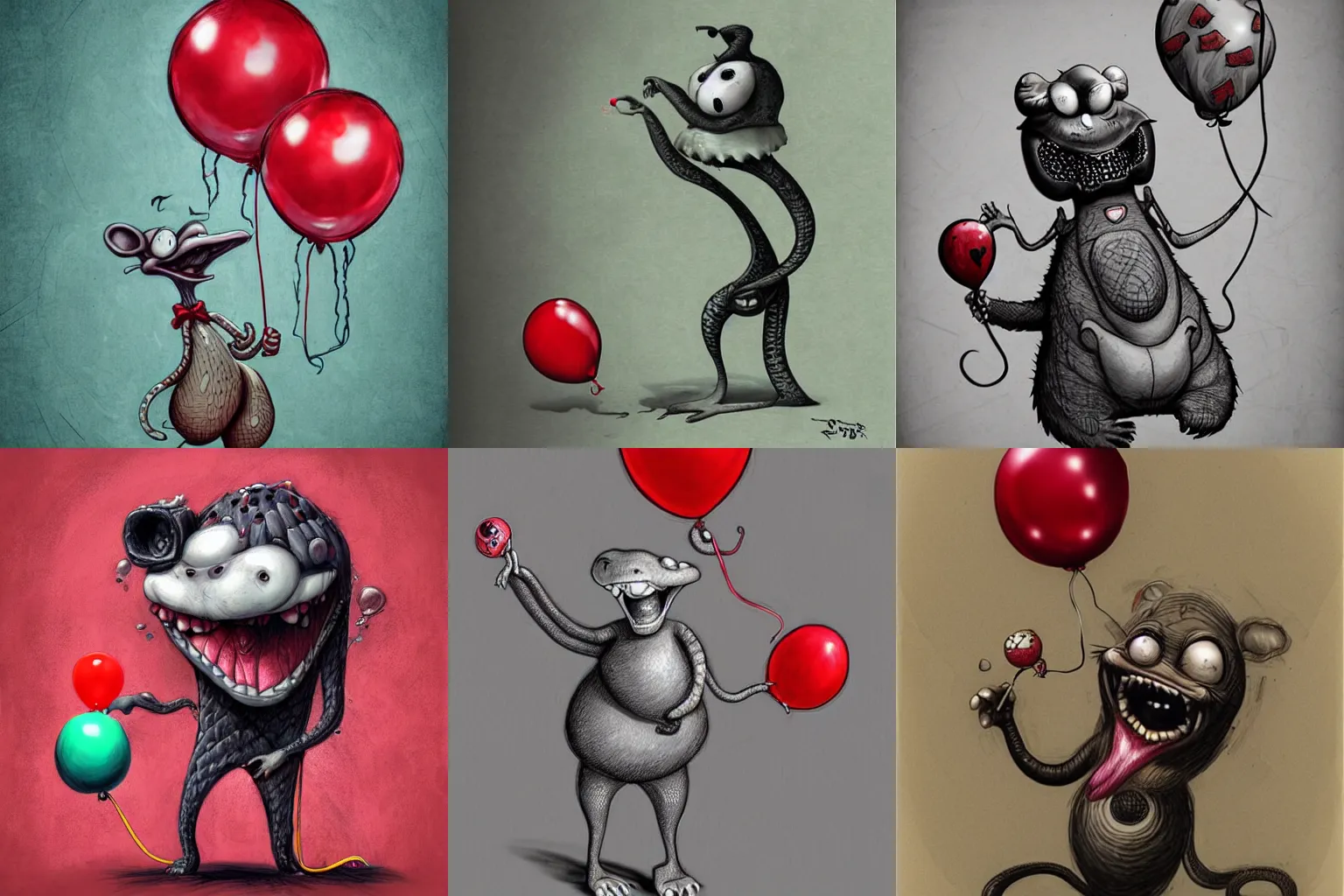 Prompt: surrealism grunge cartoon sketch of a snake bear with a wide smile holding a red balloon by - michael karcz, loony toons style, horror theme, detailed, elegant, intricate