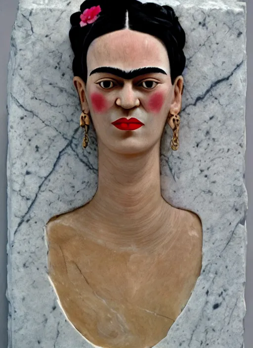 Prompt: Frida Kahlo carved out of marble