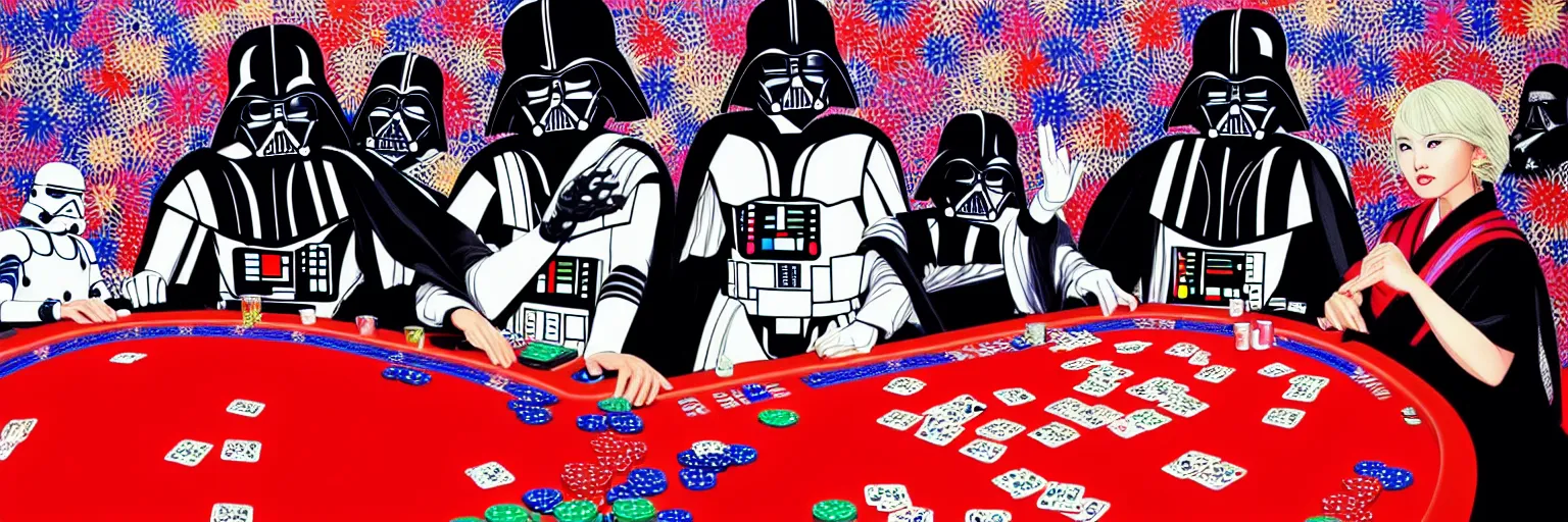 Image similar to hyperrealism composition of the detailed woman in a japanese kimono sitting at an extremely detailed poker table with darth vader and stormtrooper, fireworks on the background, pop - art style, jacky tsai style, andy warhol style, acrylic on canvas