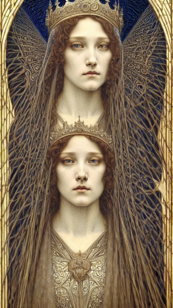 Image similar to detailed realistic beautiful young medieval queen face portrait by jean delville, gustave dore and marco mazzoni, art nouveau, symbolist, visionary, gothic, pre - raphaelite. horizontal symmetry