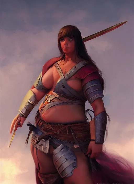 Image similar to hyper realistic photo of medieval chubby beautiful warrior girl, full body, rule of thirds, conceptart, saturated colors, brom, artstation, cgsociety