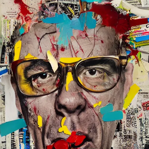 Image similar to hyperrealistic, photorealistic, mixed media oil painting of hunter s. thompson, magazine scraps, plaster, blood, oil, mustard, splatter, greg rutkowski, basquiat, ralph steadman, wesley kimler