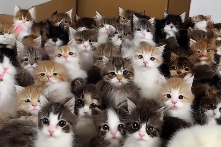 Prompt: a living room full of cute kittens that are all sitting positioned facing directly at the camera and all of the kittens are looking directly into the camera