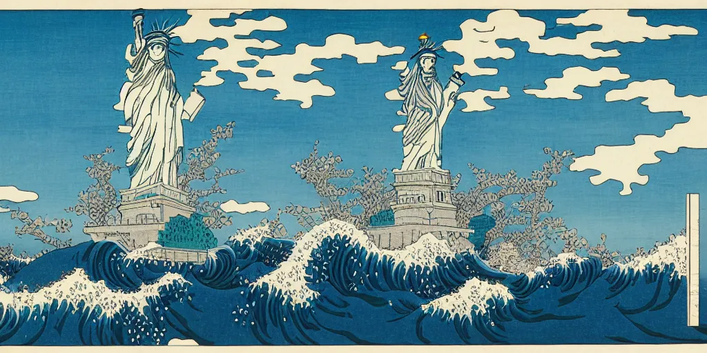 Image similar to i, Statue of liberty by Hokusai