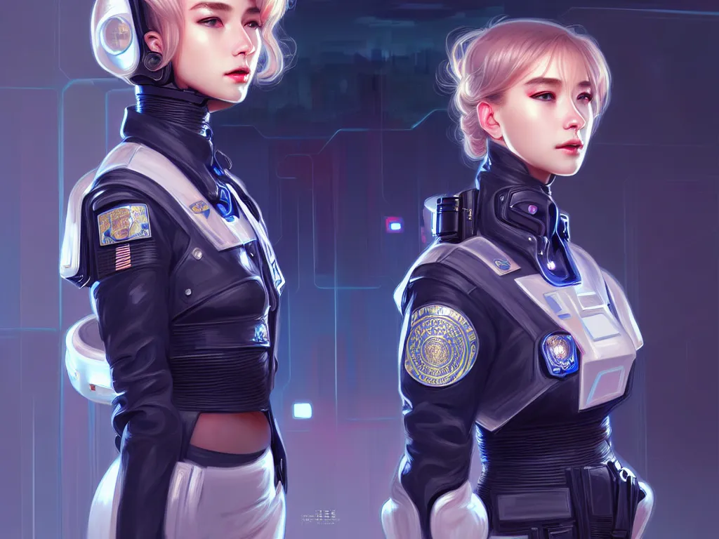 Image similar to portrait futuristic police uniform girl, at future neon light united state america rooftop, ssci - fi and fantasy, intricate and very very beautiful and elegant, highly detailed, digital painting, artstation, concept art, smooth and sharp focus, illustration, art by tan zi and ayanamikodon and alphonse mucha and wlop