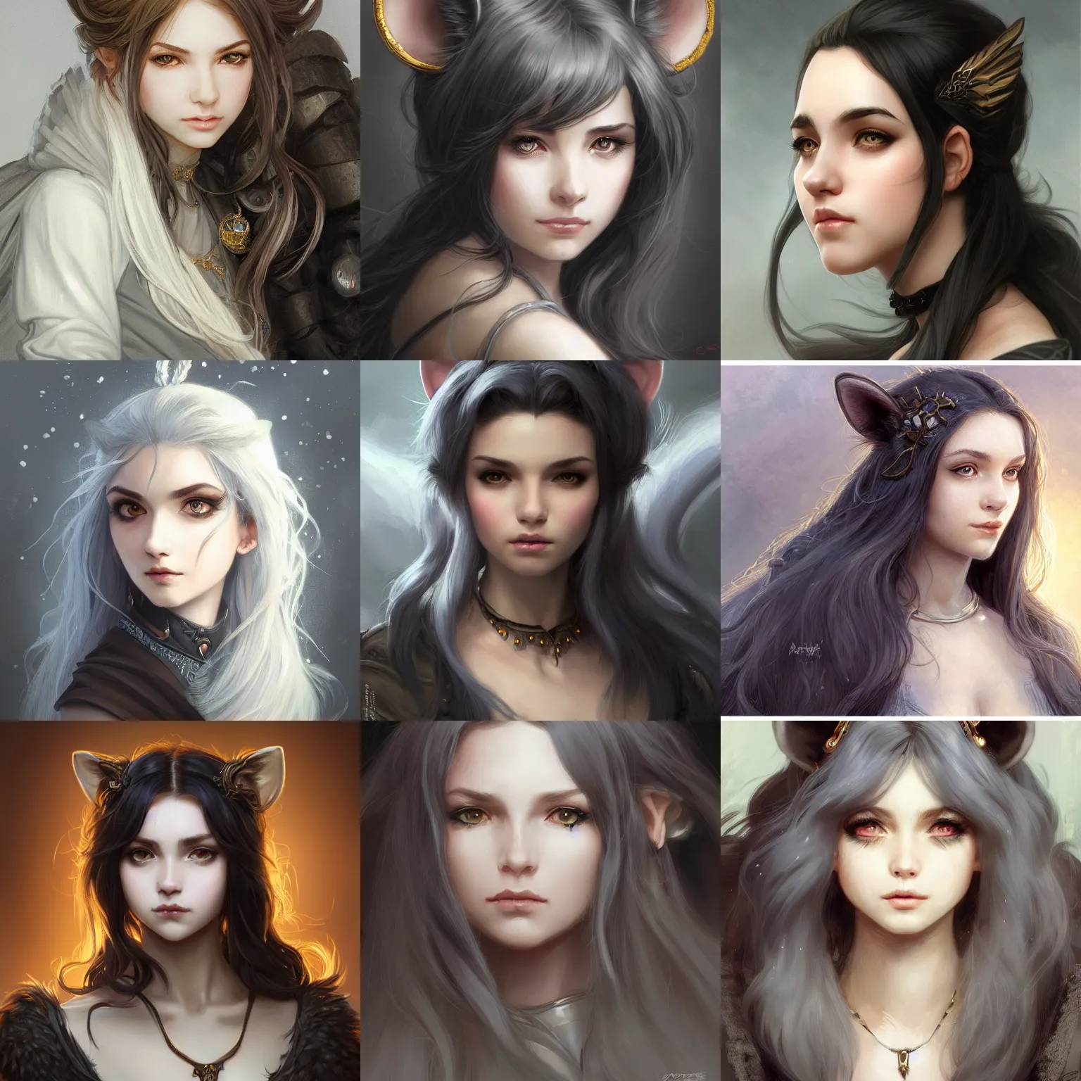 Image similar to 3/4 headshot of young female furry, D&D, cute, fantasy, intricate, long hair, grey skin, mouse ears, black hair, elegant, highly detailed, digital painting, artstation, concept art, smooth, sharp focus, illustration, art by artgerm and greg rutkowski and alphonse mucha