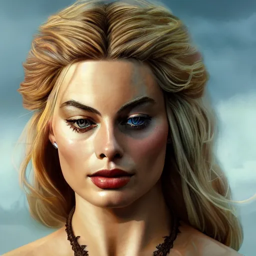 Image similar to margot robbie as a beautiful greek god, highly detailed, detailed face, digital art, trending on artstation