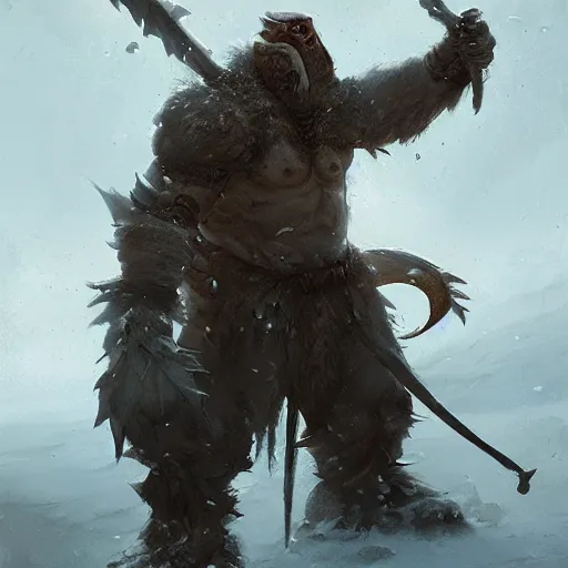 Image similar to anthropomorphic turtle barbarian humanoid, carapace, greg rutkowski, blizzard, winter, night, furs, fantasy