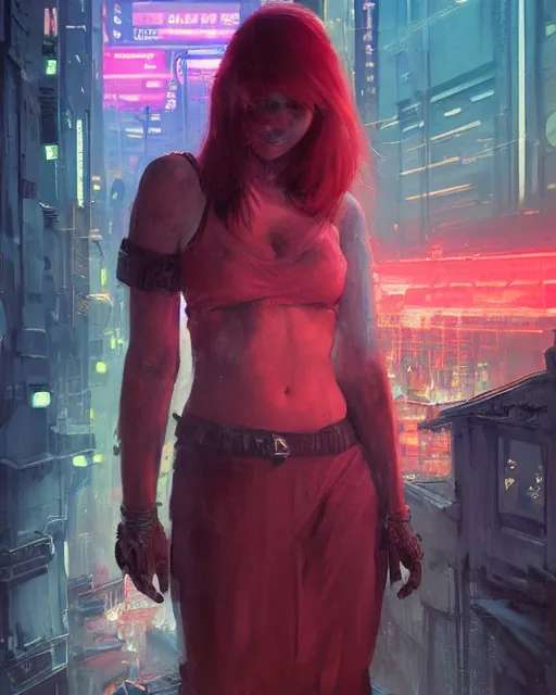 Prompt: a highly detailed epic cinematic concept art CG render digital painting artwork: A girl with a red hair in neon cyberpunk city. By Greg Rutkowski, in the style of Francis Bacon and Syd Mead and Norman Rockwell and Beksinski, open ceiling, highly detailed, painted by Francis Bacon and Edward Hopper, painted by James Gilleard, surrealism, airbrush, Ilya Kuvshinov, WLOP, Stanley Artgerm, very coherent, triadic color scheme, art by Takato Yamamoto and James Jean