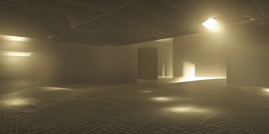 Prompt: random geometrical objects, raytraced photorealistic render, volumetric lighting, ambient lighting, particles