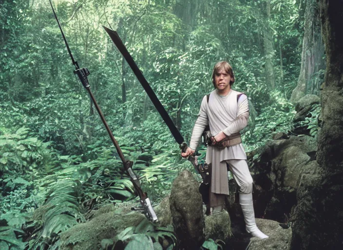 Prompt: luke skywalker protecting the new jedi temple school in the jungle, Photographed with Leica Summilux-M 24 mm lens, ISO 100, f/8, Portra 400