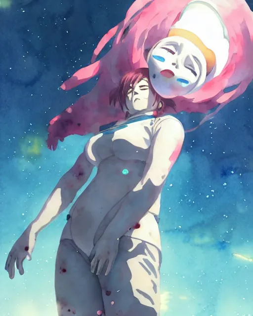 Image similar to oriental water color of a cute thicc damaged zombie astronaut woman, floating through space, backlit, by makoto shinkai and krenz cushart