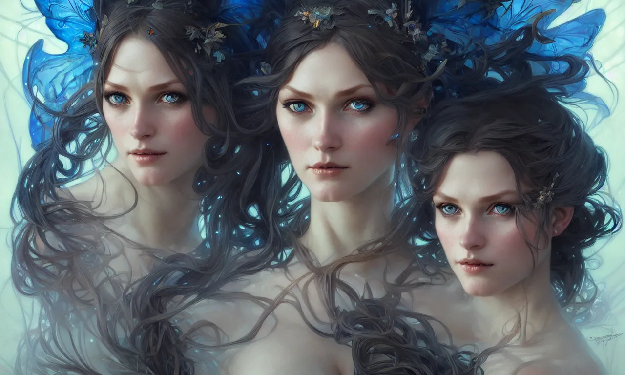 Image similar to Portrait of fairy woman, D&D, blue eyes, face, fantasy, intricate, elegant, highly detailed, digital painting, artstation, concept art, smooth, sharp focus, illustration, art by artgerm and greg rutkowski and alphonse mucha