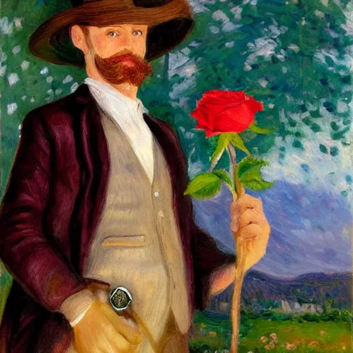 Prompt: an impressionist painting of a tall man with blue eyes that is wearing a wide brim hat and a leather vest. He is holding a revolver in his left hand and a rose is in his right hand. He is standing in a field of roses. He does not have facial hair.