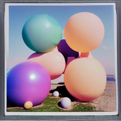 Prompt: a pastel colour high fidelity wide angle Polaroid art photo from a holiday album at a seaside with two inflatable parachute spheres, all objects made of transparent iridescent Perspex and metallic silver, a grid of sun beds iridescence, nostalgic