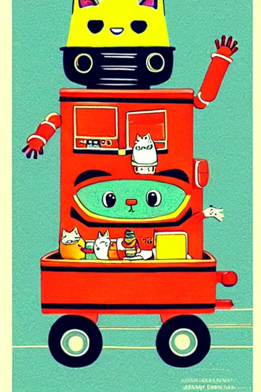 Prompt: ( ( ( ( ( ( ( a robot cat riding a cyber wagon ) ) ) ) ) ) ) by richard scarry!!!!!!!!!!!!!! muted colors, detailed