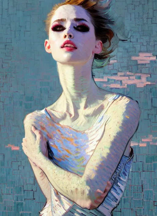 Image similar to portrait of beautiful girl, porcelain skin, ecstatic, dancing, eyes closed, shades of pastel blue and light grey, new york backdrop, beautiful face, rule of thirds, intricate outfit, spotlight, by greg rutkowski, by jeremy mann, by francoise nielly, by van gogh, digital painting