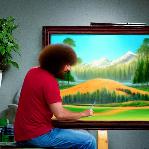 Image similar to a closeup photorealistic photograph of bob ross working on an image of kenny powers autographing a baseball on a canvas. mountains and trees. film still. brightly lit scene. this 4 k hd image is trending on artstation, featured on behance, well - rendered, extra crisp, features intricate detail, epic composition and the style of unreal engine.