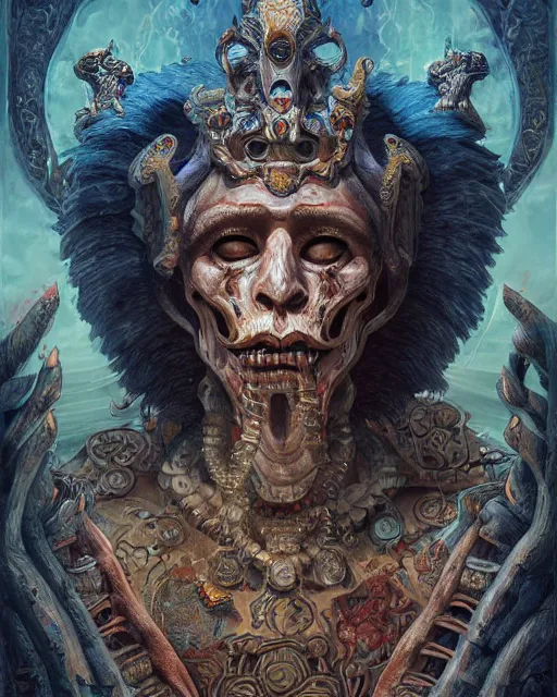 Image similar to digital painting of cizin, mayan god of death by filipe pagliuso and justin gerard, symmetric, fantasy, highly detailed, realistic, intricate, portrait, sharp focus, tarot card