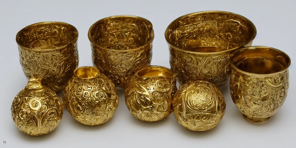 Image similar to magic, cups and balls, gold, ornate, detailed, realistic