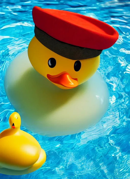 Image similar to photorealistic rubber duck in a pool wearing a sombrero hat, dynamic lighting, cinematic, hyper realism
