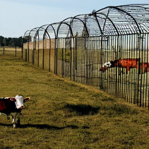 Image similar to cow running from a cage to a countryside