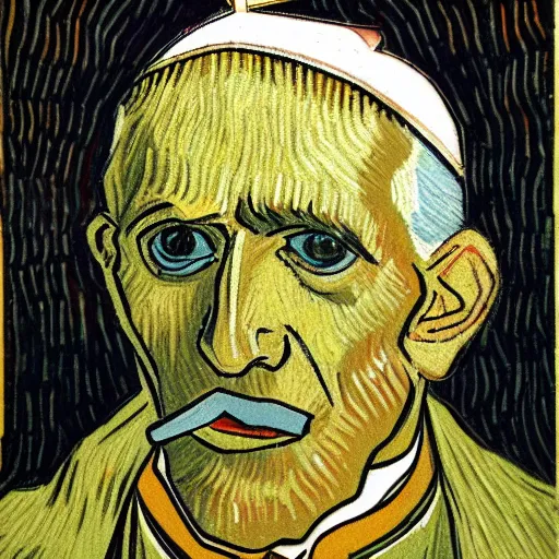 Prompt: drunk pope smoking a cigarette in the style of van gogh
