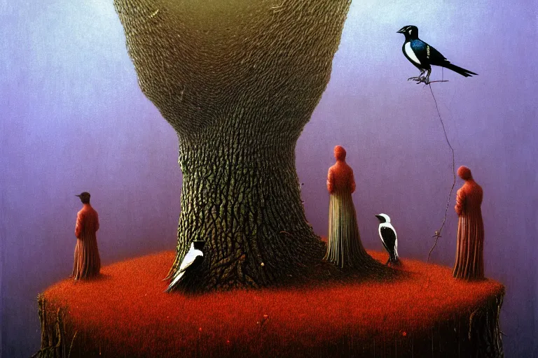 Image similar to a magpie family hosting their magpie relatives on top of a pine tree, in the style of rafał olbinski, in the style of beksinski, in the style of gediminas pranckevicius, intricate and epic composition, red by caravaggio, insanely quality, highly detailed, masterpiece, purple light, artstation, 4 k