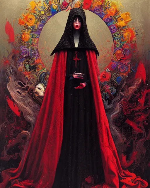 Prompt: portrait of a medieval scarlet hooded woman priestess, goth punk, floral flowers, rainbow colors, surreal, a flemish baroque by alexander mcqueen, art by john collier by greg rutkowski and craig mullins, oil on canvas