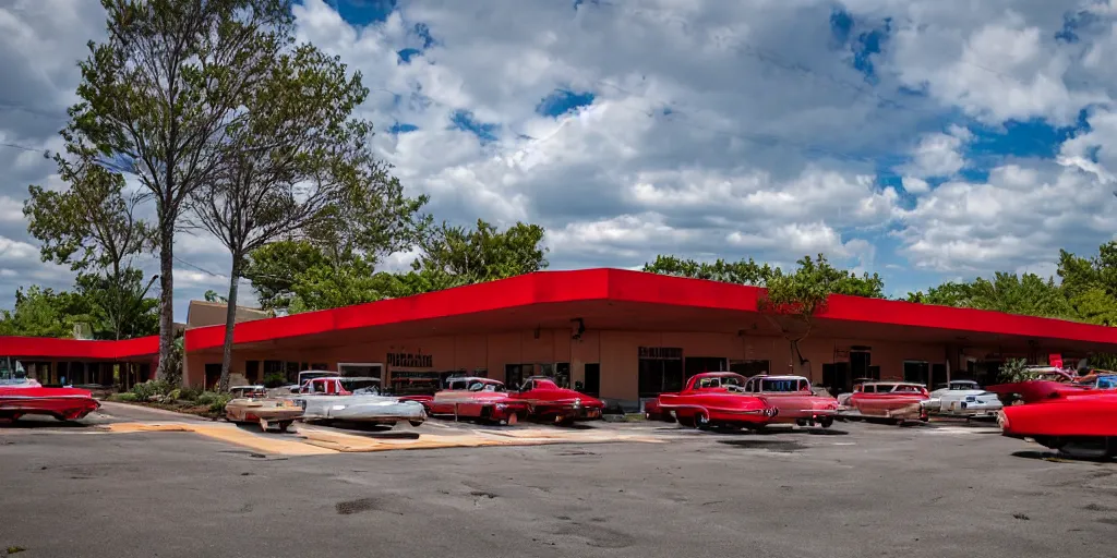 Image similar to Overgrown parking lot of a 1950s shopping center, mid century architecture, googie architecture, wide angle, red image tint