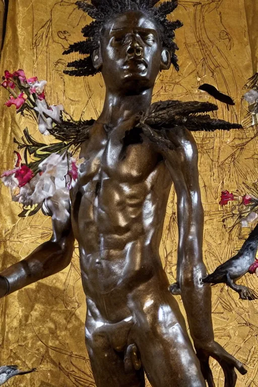 Prompt: Jean-Michel Basquiat as a bronze full-body statue of Icarus in the position of spreading his arms like a bird , glowing quartz crystal skull, wreath of ferns, flowing sakura-colored silk, fabric, flowers. baroque elements, human skull. full-length view. baroque element. intricate artwork by caravaggio. many many birds birds on background. Trending on artstation. halo. octane render, cinematic, hyper realism, octane render, 8k, depth of field, 3D