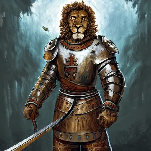 Image similar to book cover about a medieval lion knight, digital art, realistic, detailed, fantasy