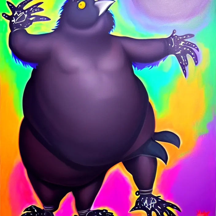 Image similar to a fat anthropomorphic male raven fursona dancing at a rave, furry, oil on canvas, cute, vivid saturation