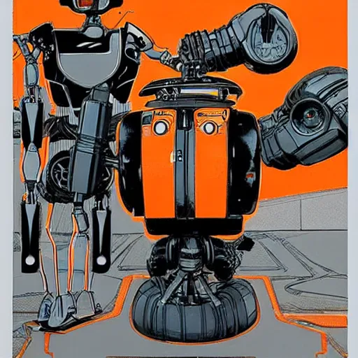 Image similar to mechanic with robot legs. orange and black color scheme. concept art by james gurney and mœbius.